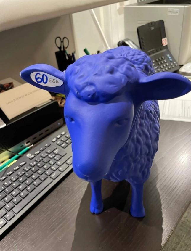 Αγαλματάκι μπλε πρόβατο που δώρισε το Ευρωπαϊκό Σχολείο της Καρλσρούης στη Μέτσολα.